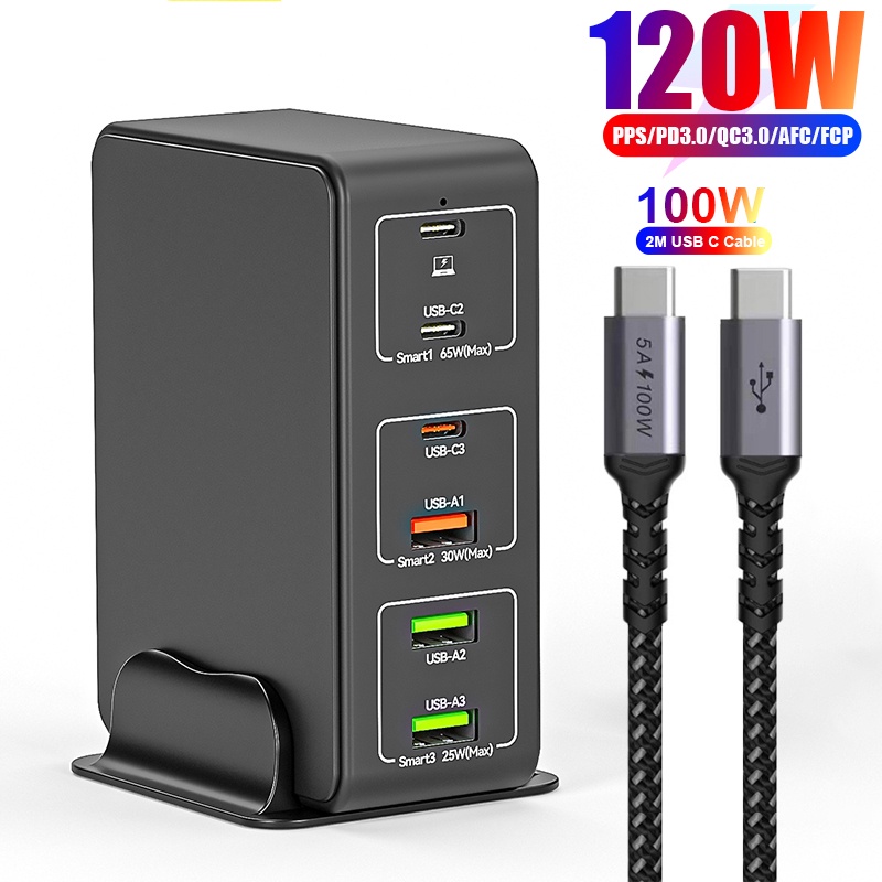 Ugoodbuy 120W USB C Super Fast Charger 6Port PD 65W PPS45W Phone Laptop USBC Charging Station