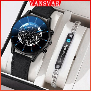 GENEVA Fashion Men Leather Watch with Date Male Watch Bracelet Set #0