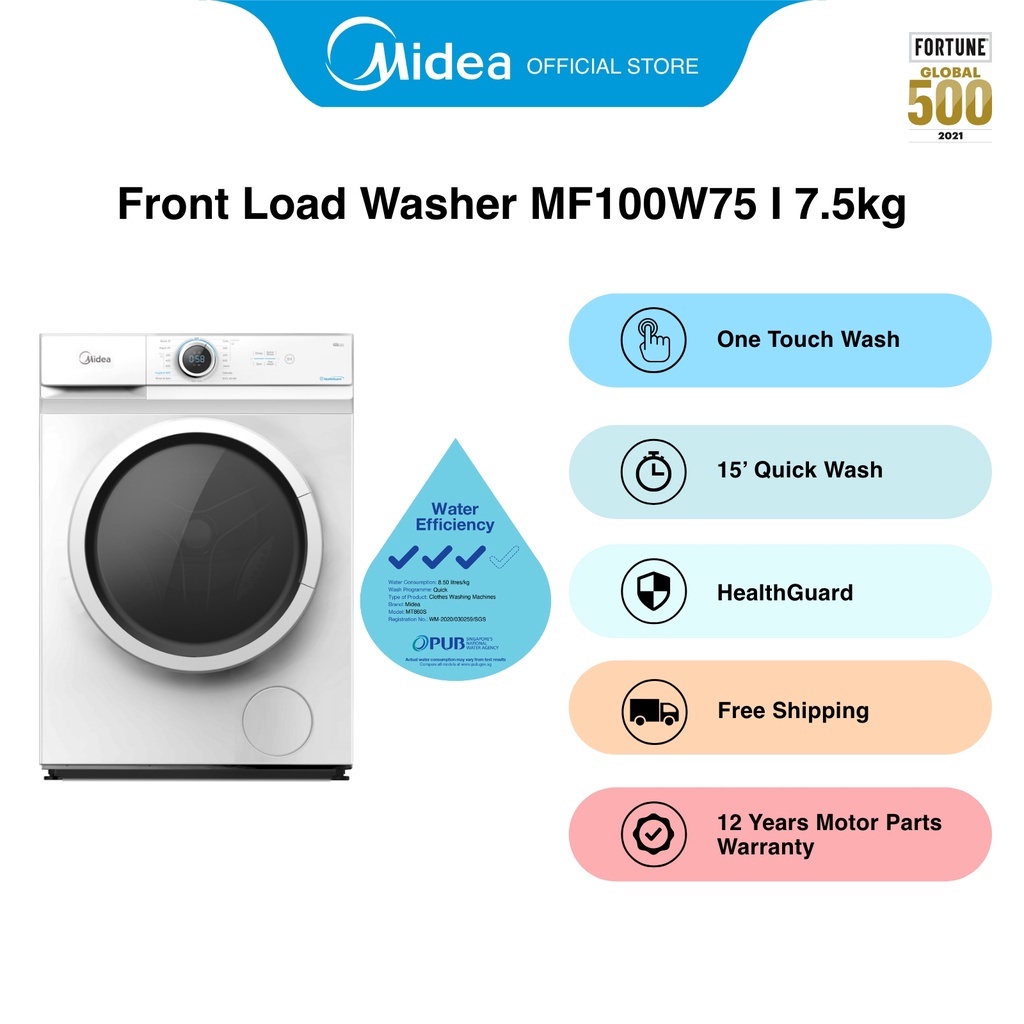 [Bulky] Midea MF100W75 White Front Load Washer, 7.5kg, Water Efficiency