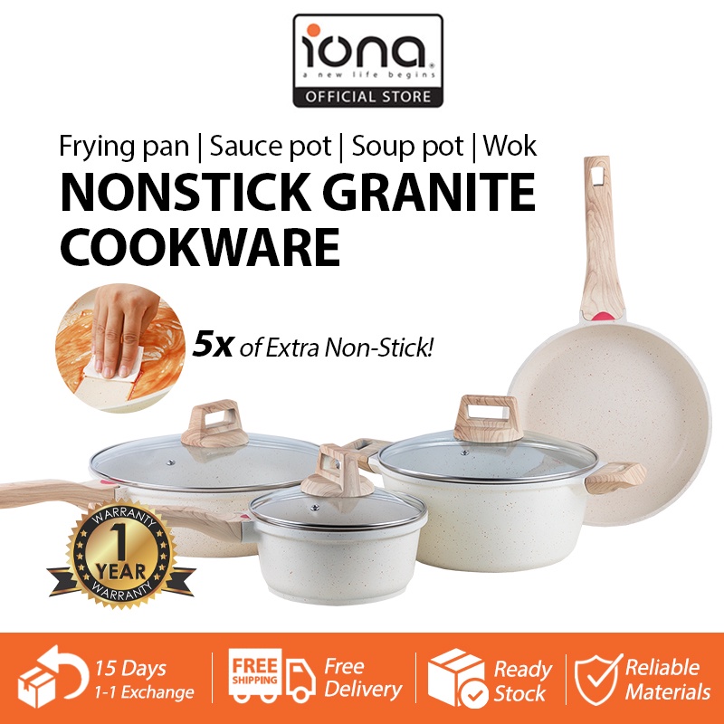 IONA Ceramic Pot Wok Fry Frying Pan Granite Non Stick Cookware Set