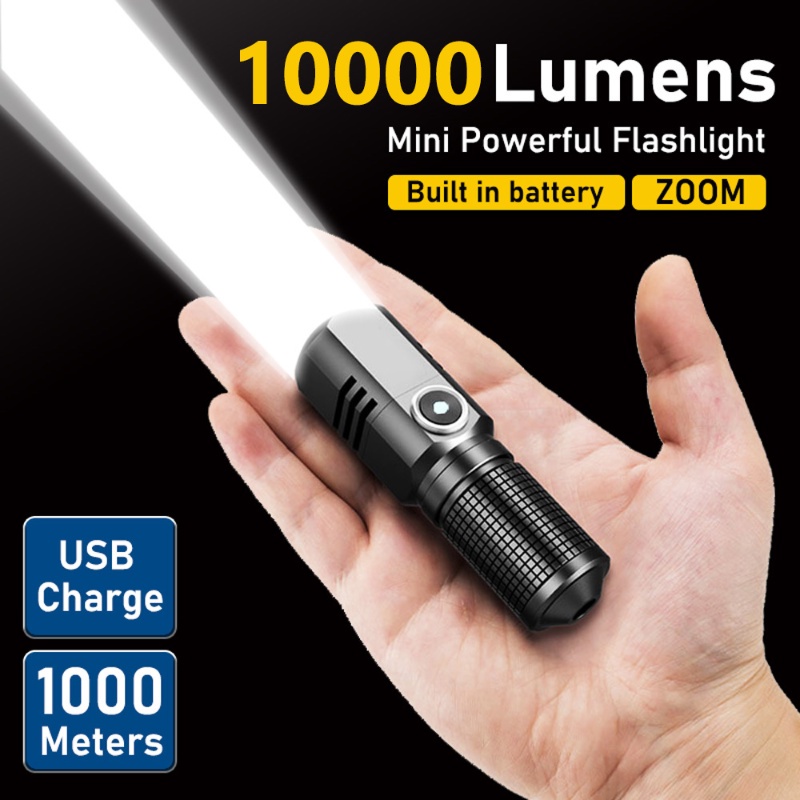 10000 LM mini powerful led flashlight xhp50 builtin battery 3 modes