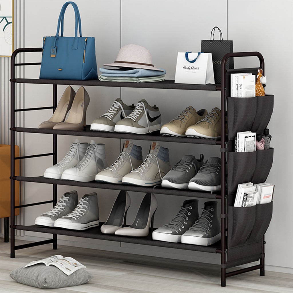 Oscrobie Stackable 4-layer shoe rack with 6 side pockets, 16 pairs of ...