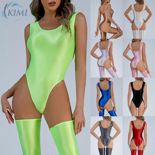 KIMI-Women Glossy Swimsuit High Cut Backless Thong Bodysuit oily Blackless Leotard