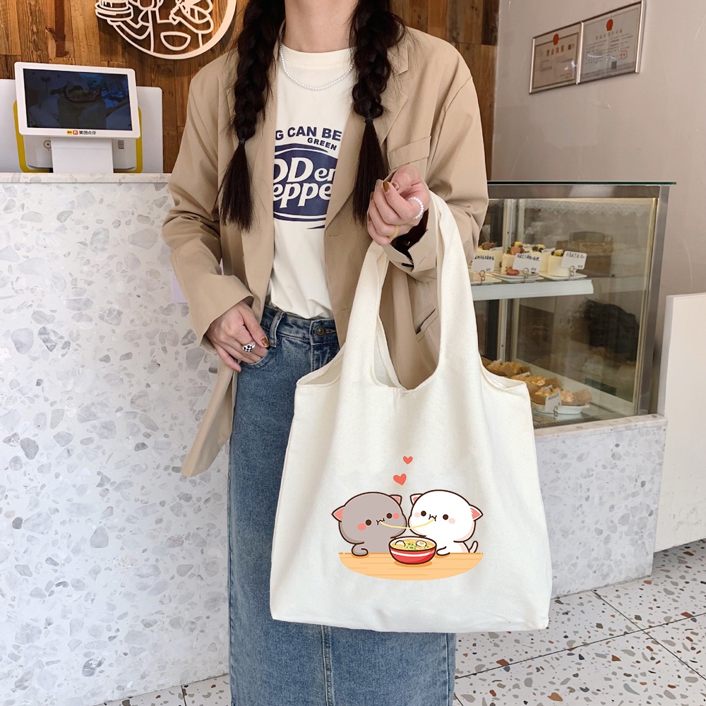 Peach and Goma Print Shoulder Bag Canvas Bag Casual Bag Tote Shopper ...