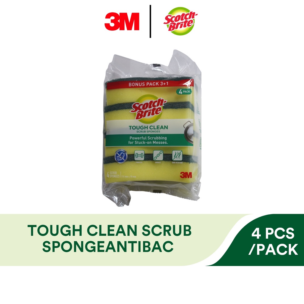 3M Scotch Brite Tough Clean Scrub Sponges (Anti Bacteria) Value Pack, 4