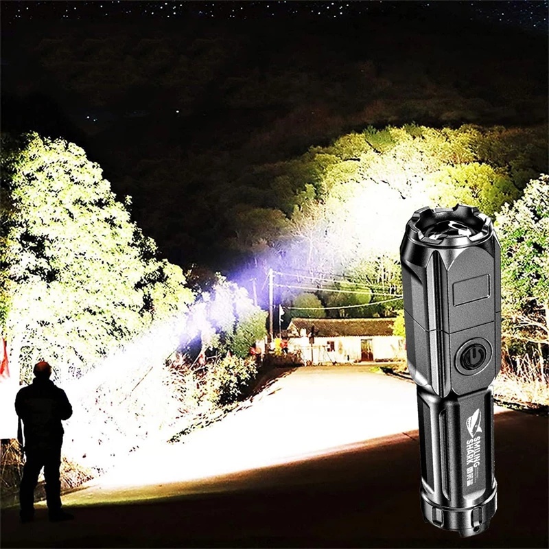 Portable Zoomable Strong Light Focus LED Bright ABS Flashlight USB Rechargeable Outdoor Highlight Tactical Flashlight Multi-function Telescopic Focus Torch