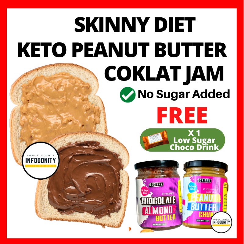 Skinny CHUNKY PEANUT BUTTER No Sugar Free Chocolate Cocoa Spread Almond