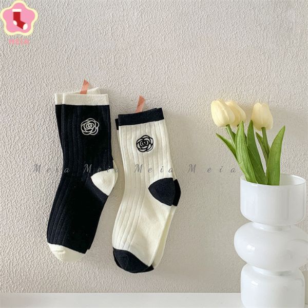 High Neck Socks Embroidered Camellia Korean Luxurious Elastic High Neck