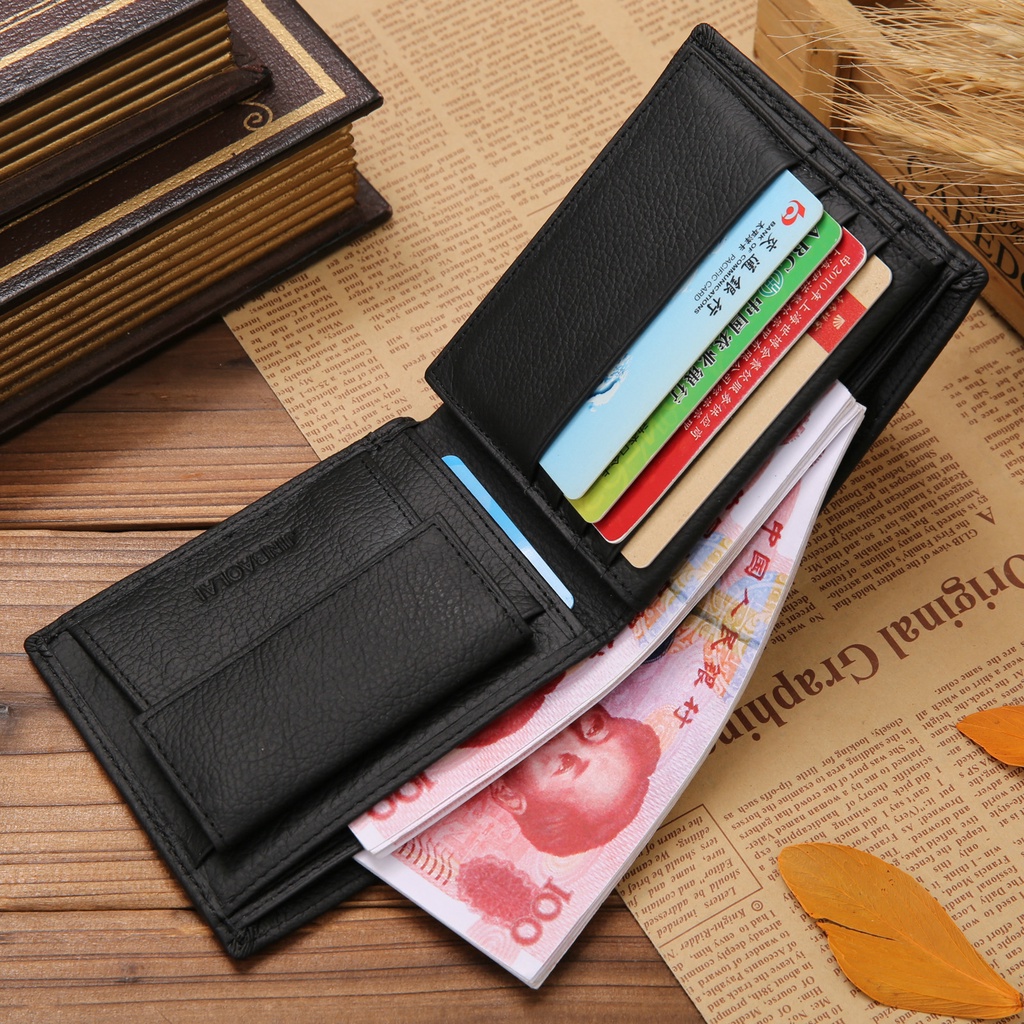 Genuine Leather Short Wallet for Men Coin Purse Trifold Wallet zipper Card Holder with Money Clip