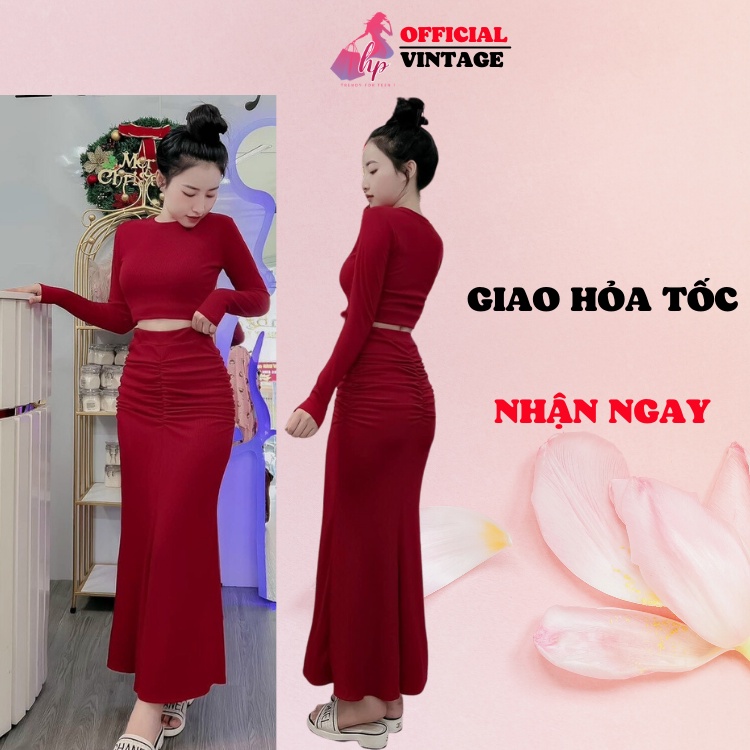 Set áo croptop tay dài kèm chân váy đuôi cá nhún kiểu hàn quốc tôn dáng