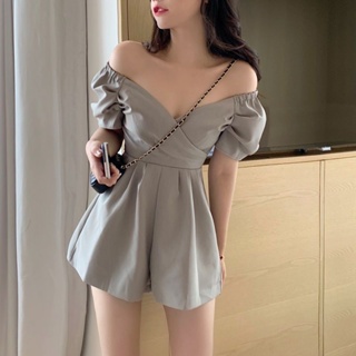 New Style V-Neck Jumpsuit Pants Skirt Low-Cut One-Shoulder Puff Sleeve Women High Waist Slimmer Look