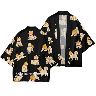 New casual fashion cartoon Shiba Inu Dog printed cardigan Haori Beach Yukata traditional kimono Japanese street wear women's men's shirt