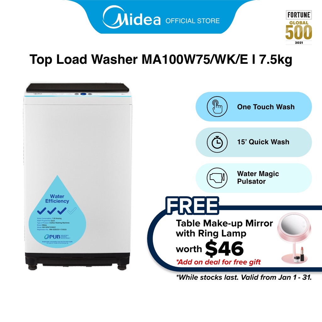 [Bulky] Midea MA100W75/WK/E White Top Load Washer, 7.5kg, Water