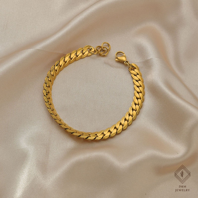 Men Flat Snake Pattern Bone 18K Gold Plated Curb Chain Fashion Bangle Bracelet Stainless Non tarnish