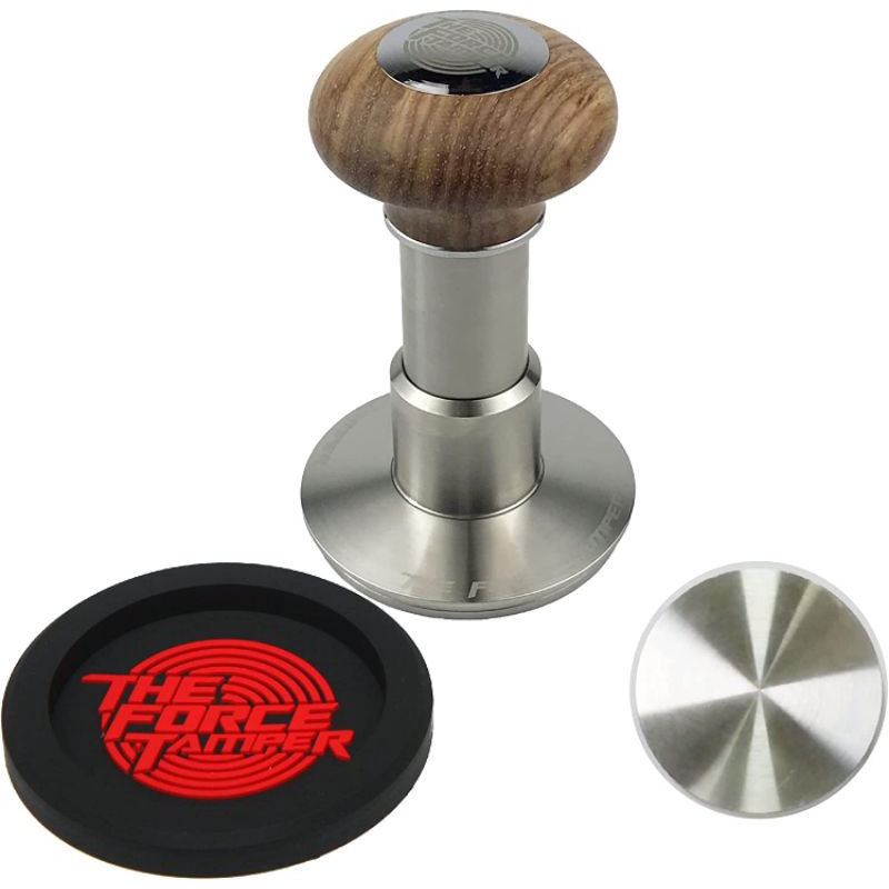 The Force Tamper 58.5mm Rosewood/Black Aluminium (+ bases/tamper stand