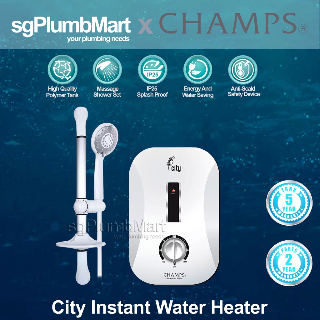 Champs x sgPlumbMart City White Electric Instant Water Heater With