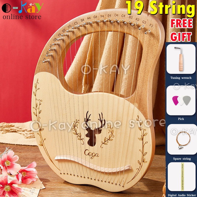 O-KAY 16/17/19-String Wooden Lyre Harp Resonance Box String Instrument with Tuning Wrench 3pcs Pick