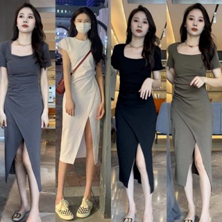 3XL Korean Style Women Fashion Short Sleeve High Slit Dresses Ladies Casual Summer Square Collar Plus Size Midi Dress