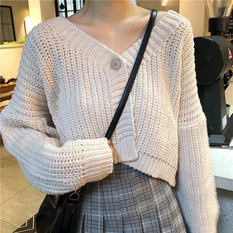 【Hermarou】Korean Crop Top Knit Sweater Cardigan Women Casual Loose Soft Knitted Jacket for Ladies