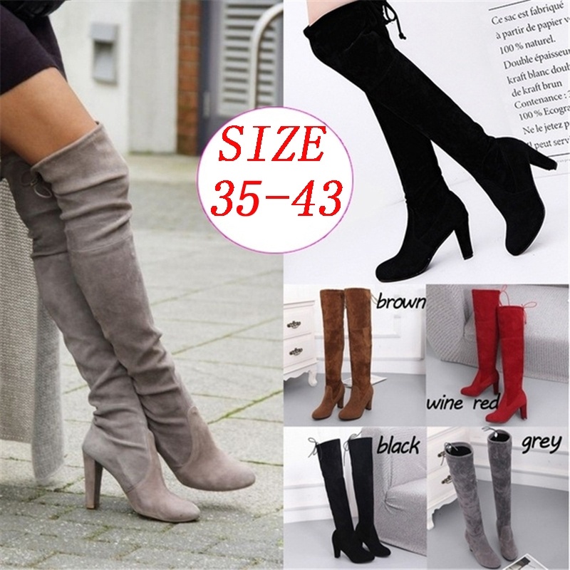 Size 34-43 Women 9cmFashion Student Boots Over Knee High Boots Long Suede High Heel Shoes（add 1 size
