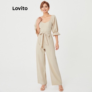 Lovito Elegant Plain Belted Puff Sleeve Jumpsuit L27ED112 (Apricot)