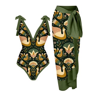 ins Hot-Selling Vintage Bikini 2023 New Style European American One-Piece Swimsuit Female Mandarin Duck Print Cover Belly Slimmer Look Skirt Hot Spring Beach S