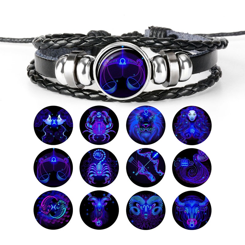 12 Zodiac Signs Constellation Charm Bracelet Fashion Multilayer Weave Leather Bangle Birthday Gifts