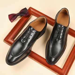 Oxford Shoes Leather Men Brown New Style Business British Formal Wear Wedding Pointed Lace-Up Men's Casual Trendy