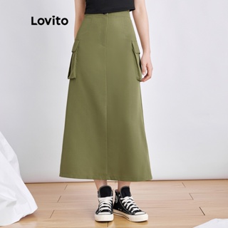 Lovito Casual Plain Button Pocket A-Line Women Skirts L39ED070 (Army Green)