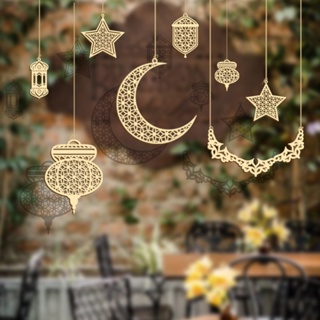 Wooden Eid Mubarak Hanging Pendant Ornament Ramadan Kareem Gift Islam Muslim Home Table Decoration DIY Craft Party Supplies