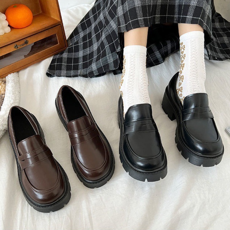 Trendy Fashion Leather Shoes for Women Retro Thick Heeled Shoes Loafers Jk Round Toe Shoes