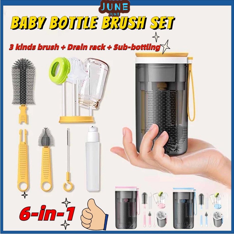 6 In 1 Yotime Home Travel Infant Silicone Bottle Brush Set Multifunctional Portable Drainage Rack Cleaning Nipple Suction Brush - Travel Essentials