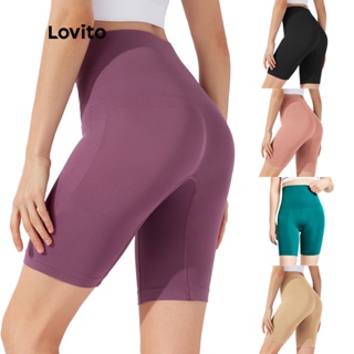 Lovito Sporty Plain Seamless Wideband High Waist Sports Shorts For Women L23AD046 (Black/Purple/Pink/Apricot/Green)
