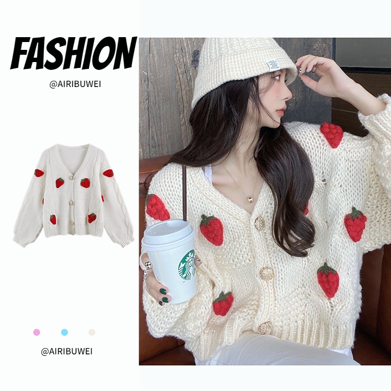[COD] Women Sweet Strawberry Knitted Jacket V-Neck Top Korean Style Gentle Pink Sweater Cardigan