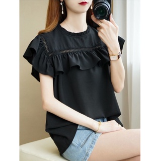 Blouses Ruffled Ice Silk Shirt Women's Summer New Short Sleeved Top Fashion Large Size Solid Color Top