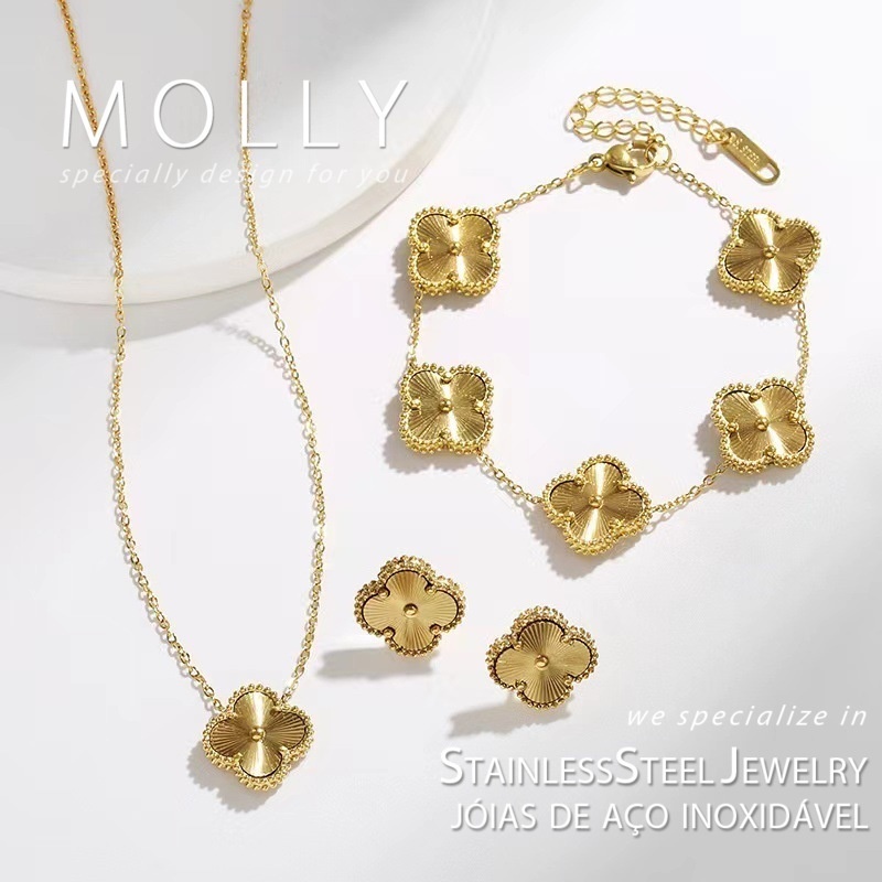 Stainless Steel Golden Clover Necklace Bracelet Earrings for Women Non Tarnish 18K Gold Plated High