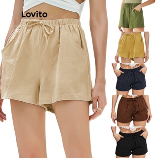 Lovito Plain Tie Front Waist Casual Pocket Shorts for Women L02062 (Green/Khaki/Black/Yellow)