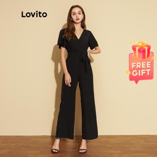 Lovito Elegant Plain Butterfly Sleeve Delicate Texture Women Jumpsuits L25ED086 (Black)