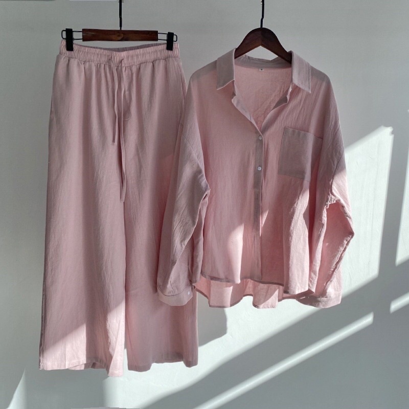 baao Women Long Sleeve Summer Shirt Wide Leg Pants terno