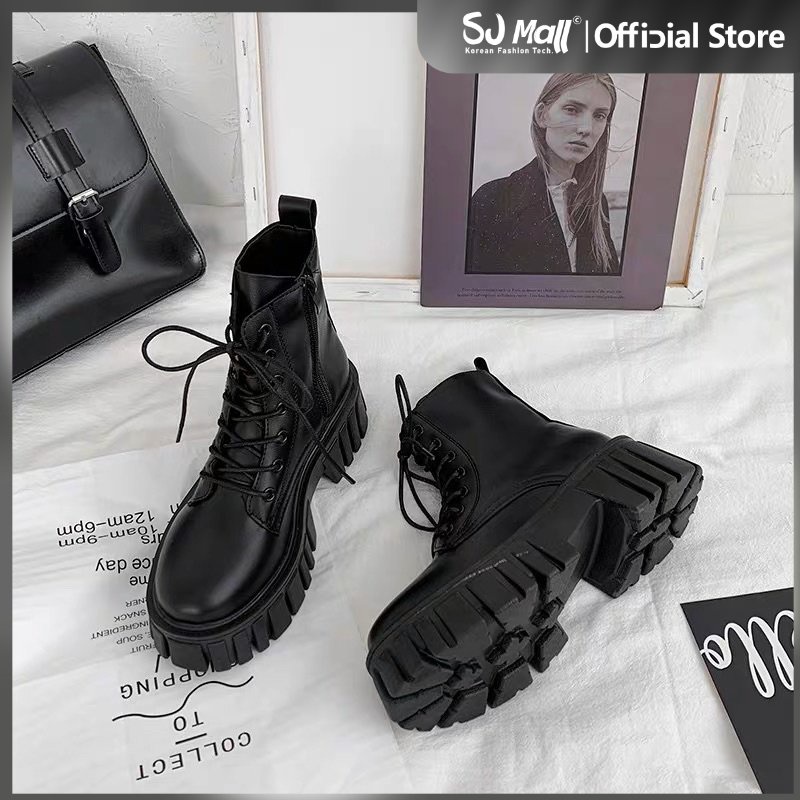 SJMALL - Korean High Cut ankle black leather Fashion Boots For Women - soft rubber chunky flexible
