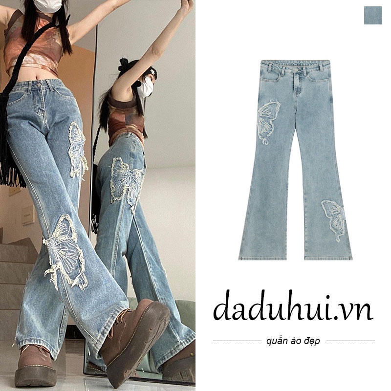 Quần jeans ống rộng cạp cao thêu hình bướm phong cách retro đường phố