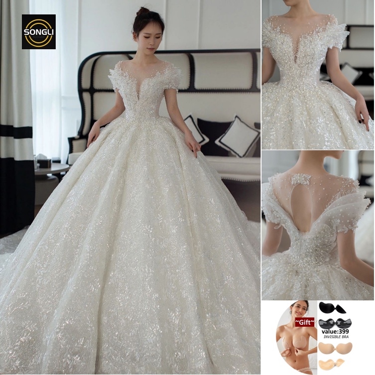 Off Shoulder Pregnant Women's Wedding Dress New Bride Escaping Princess Large Trail Wedding Gown