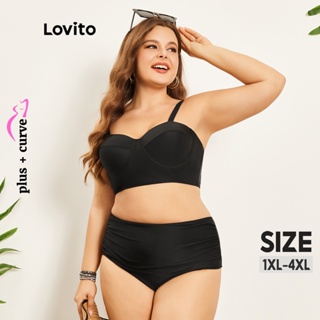 Lovito Plus Size Curve Casual Plain V Neck Ruched Beachwear Bikini Sets for Women LPS07064 (Black)
