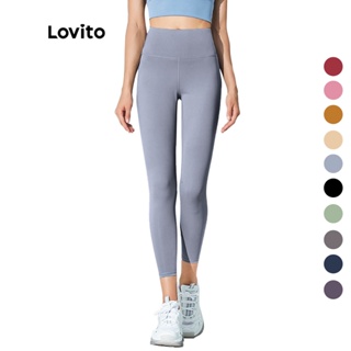 Lovito Summer Plain High Waist Sports Yoga Pants Compression Leggings for Woman L02044 (Light Blue/Pink/Black/Dark Blue)
