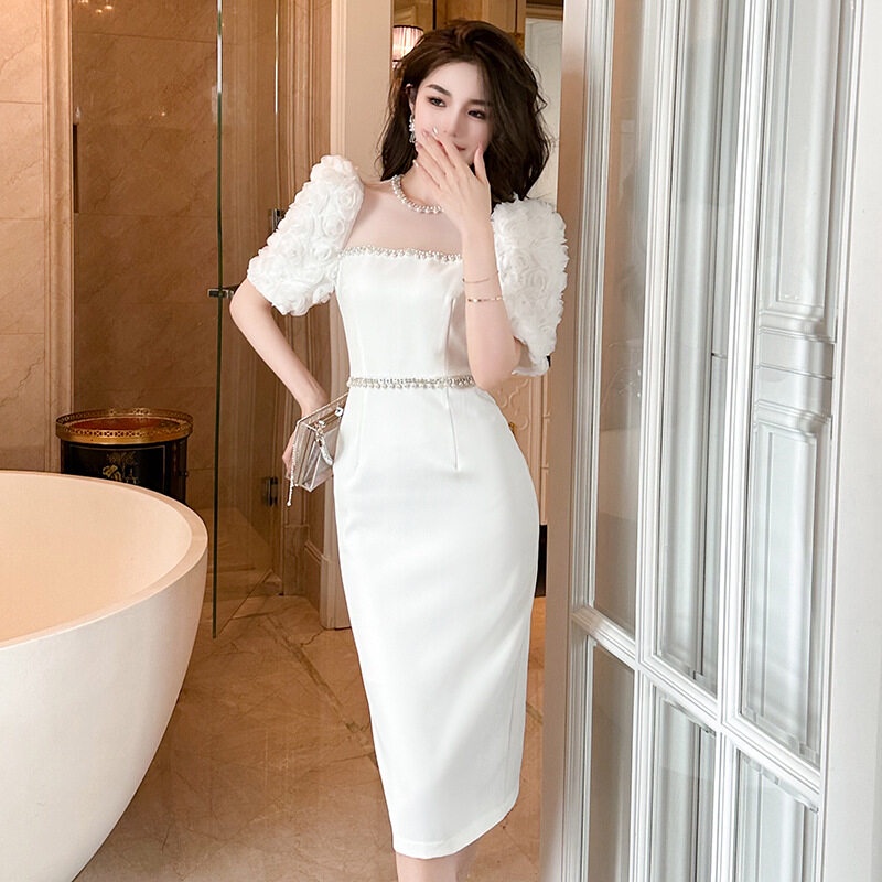 (Free Shipping) Happy Diva White Satin Midi Gown Square Neck Puff Sleeve Rhinestone 3D Rose Bodycon