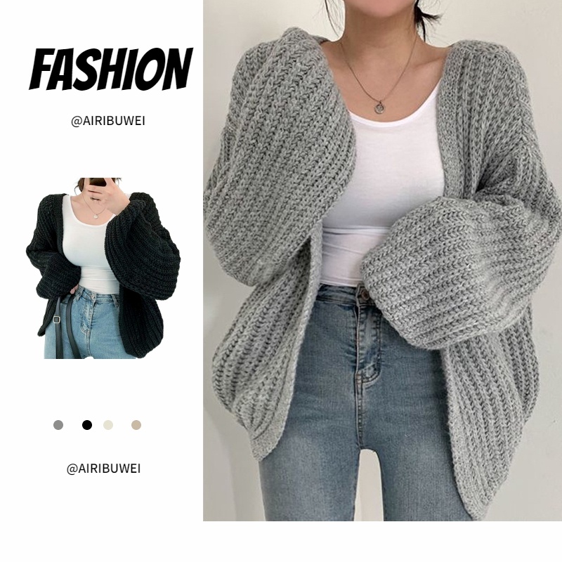 [Airibuwei] ] 2024 New Lazy V-Neck All-Match Loose Casual Solid Color Sleeve Knitted Sweater Cardiga
