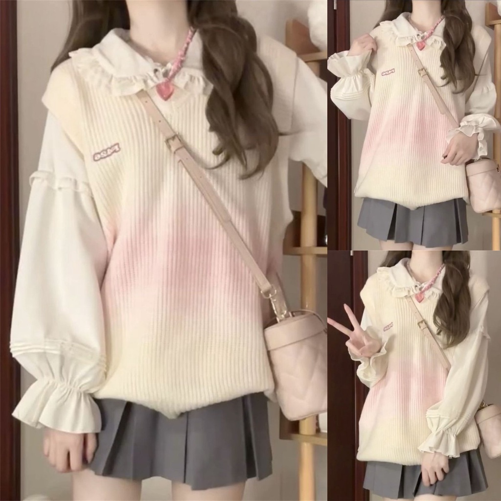 Set Áo Sơ Mi Cổ Búp Bê Và Áo Len Không Tay Xinh Xắn Cho Nữ