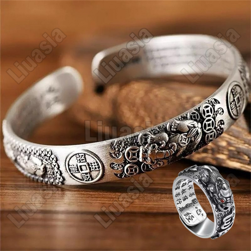 Lucky Charm PiXiu (PIyao) With Money Coin Amulet Vintage Silver Bracelet For Men and Women Fashion J