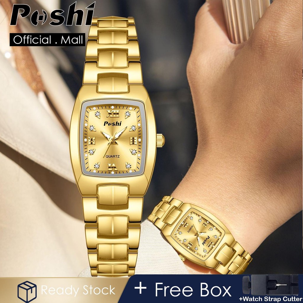 POSHI Watch For Women Waterproof Original Stainless Steel Fashion Retro Classic Gold Square Quartz L