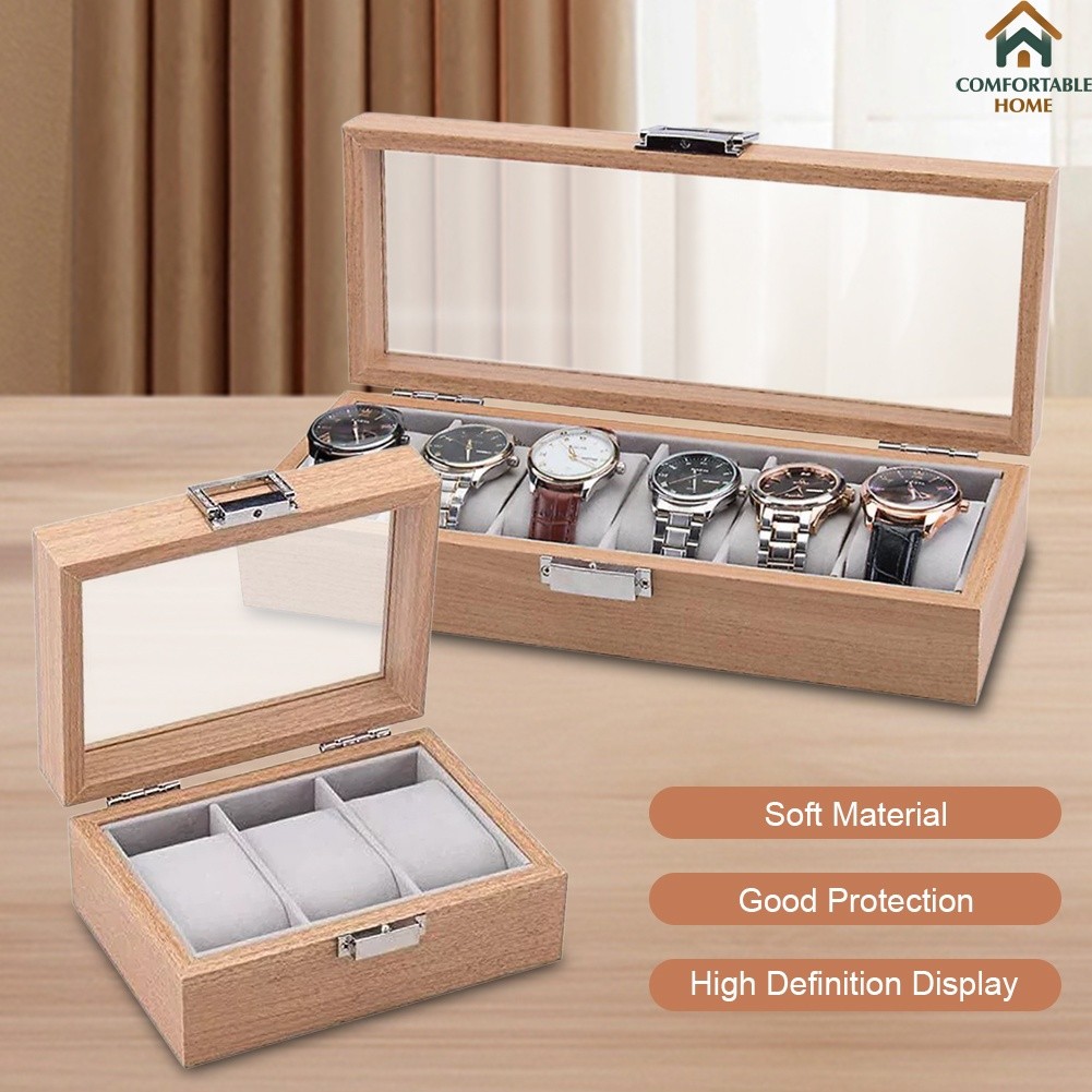 CHS 3/6 Grid Slot Watches Case Wooden Glass Watch Box Display Jewelry Metal Lock Organizer